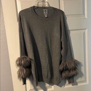 Gray Sweater with Faux Fur Accents